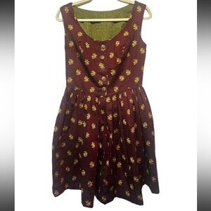 Embroidered cottage core dress. Handmade maroon color floral